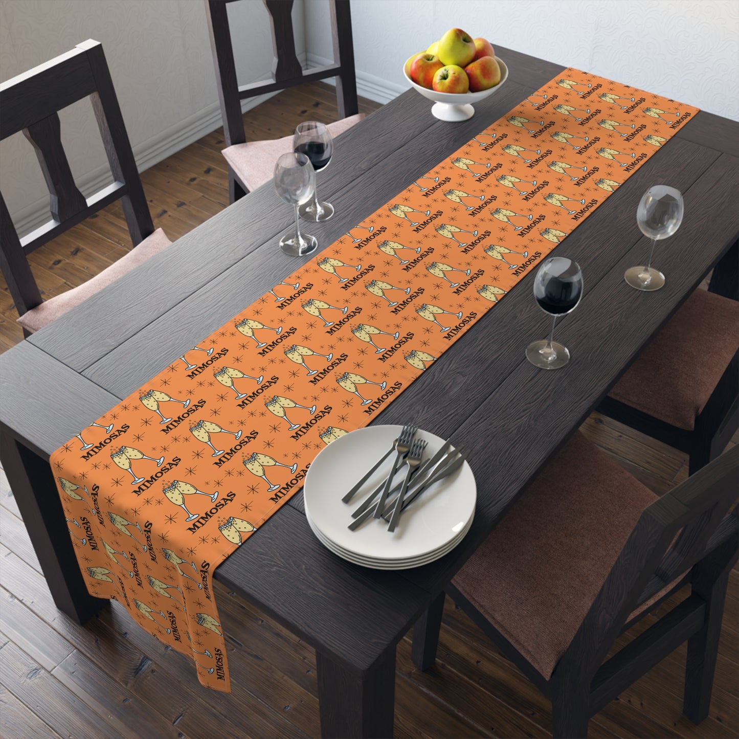 Mimosas Champagne Brunch Atomic Mid Century Orange Retro Style Decor Cotton Poly Table Runner