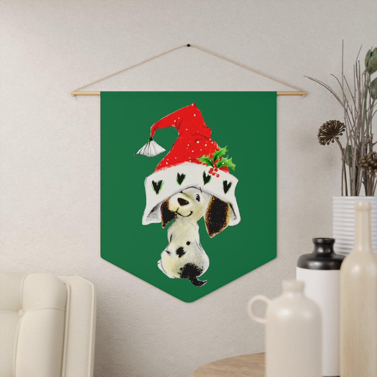 Christmas Dalmation Puppy In Santa Hat Mid Century Retro Christmas Print Wall Hanging Banner Flag