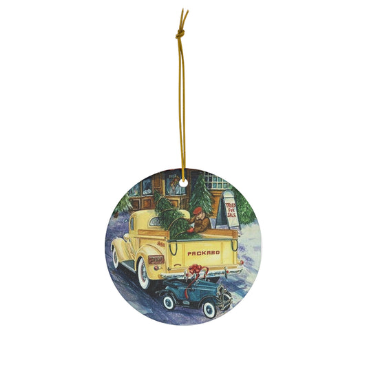 Merry Christmas Yellow Packard Truck Retro Christmas Print Ceramic Ornament