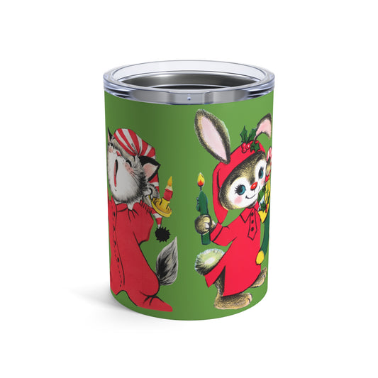 Christmas Bunny Sleepy Kitten Waiting For Santa Vintage Retro Christmas Print Stainless Steel Tumbler 10oz