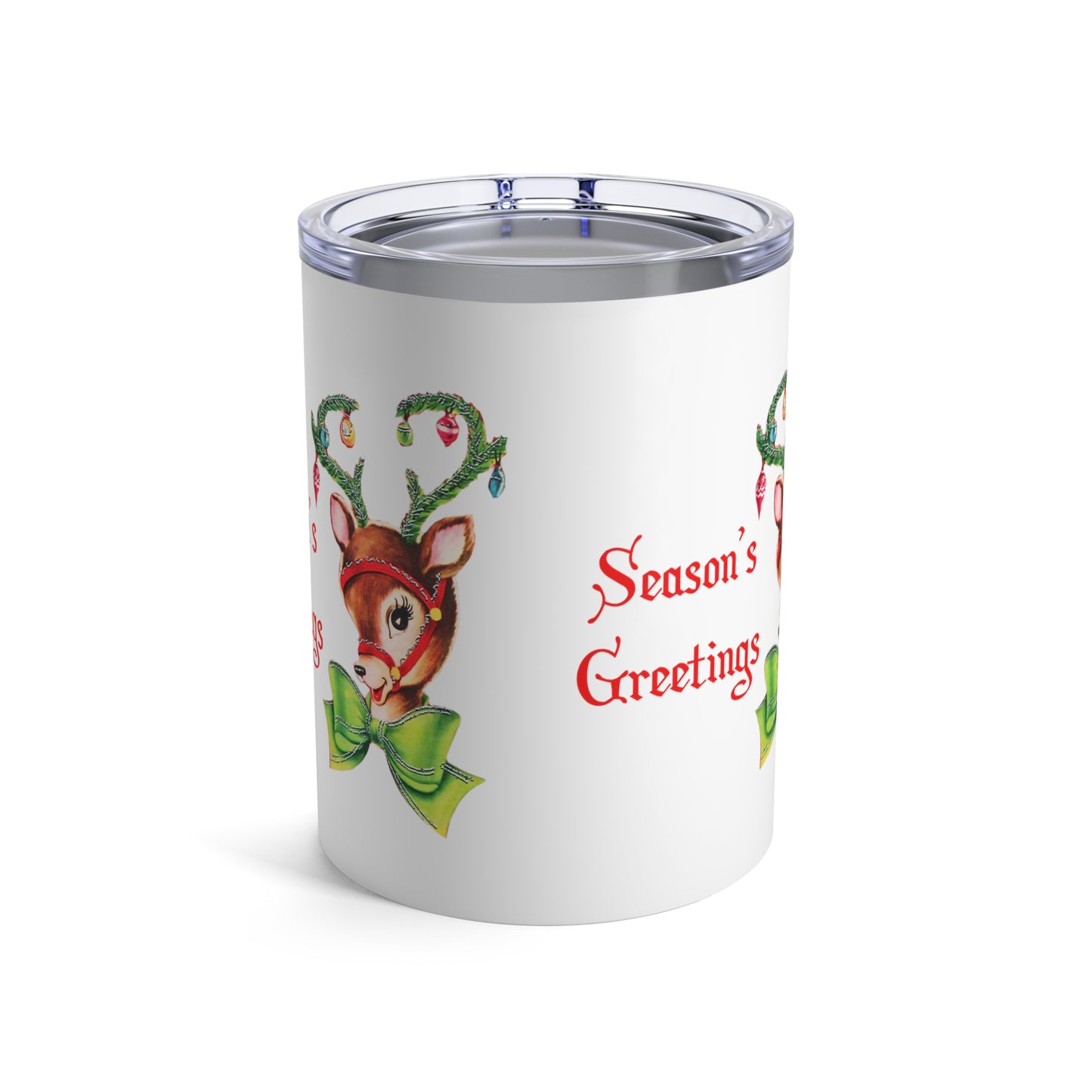 Season's Greetings Reindeer With Ornaments Retro Mid Century Christmas Print Stainless Steel Tumbler 10oz