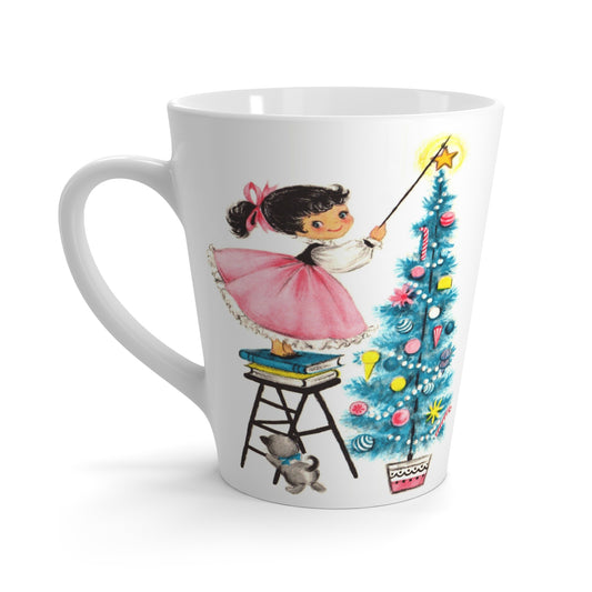 Little Girl Putting Star On Top Of Christmas Tree With Kitten Mid Century Retro Christmas Print Latte Coffee Mug