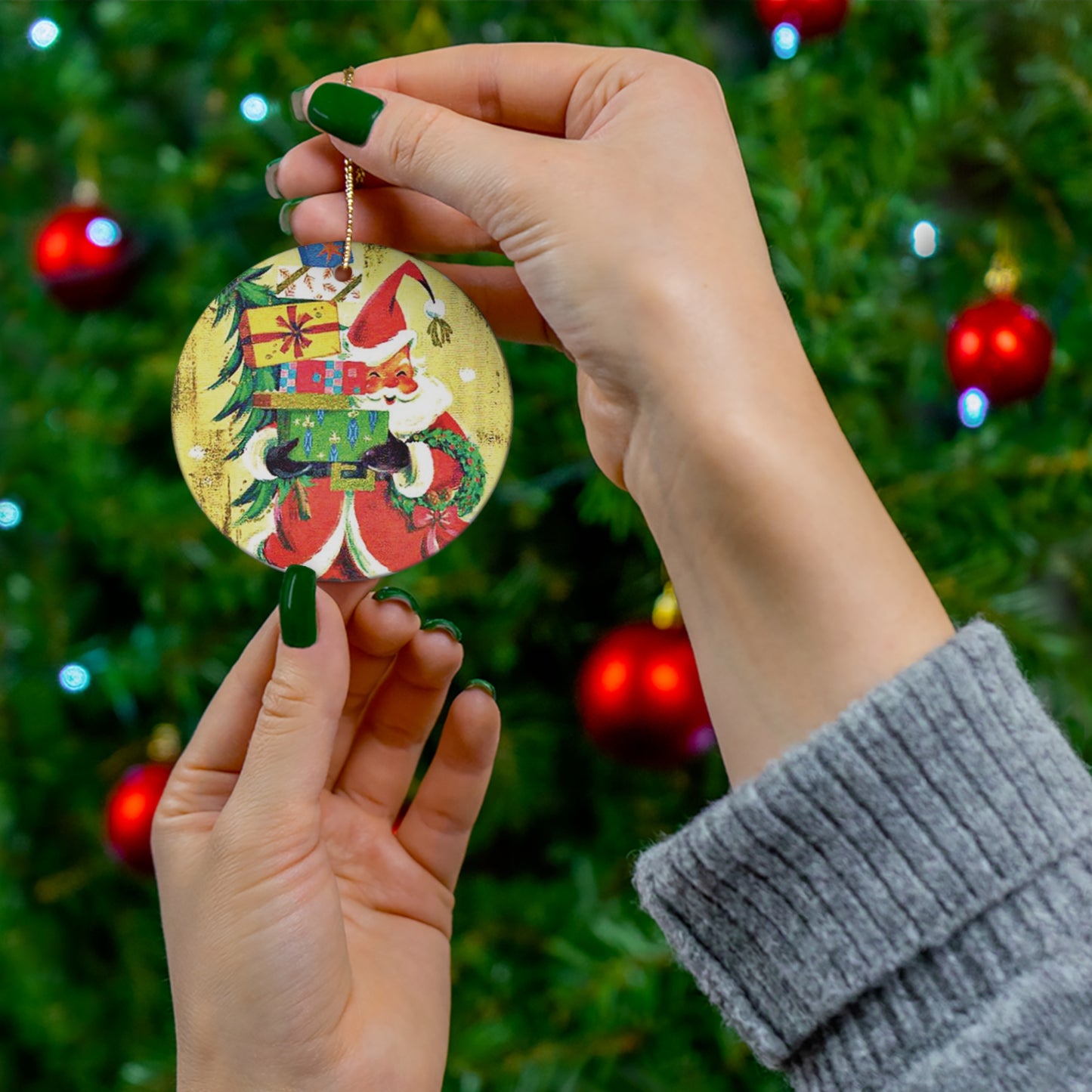 Santa With Presents Mid Century Retro Christmas Print Ceramic Ornament