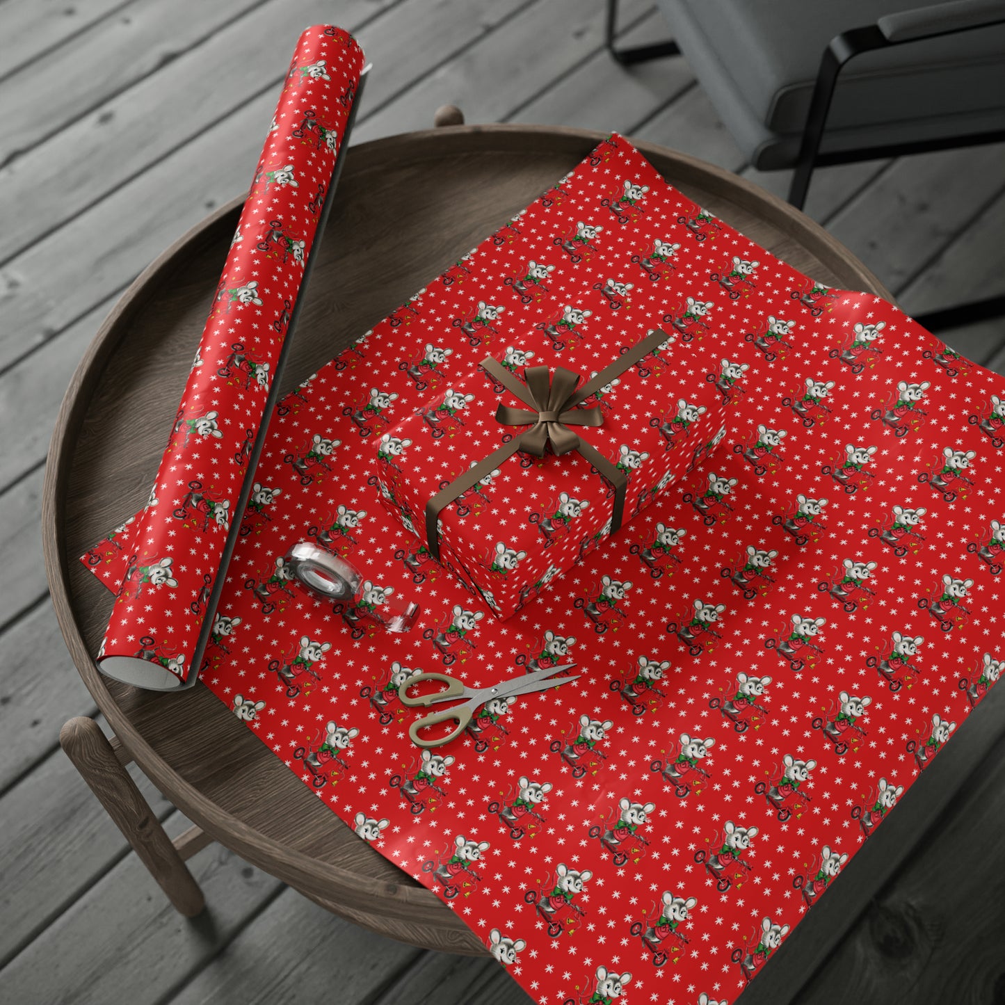 Christmas Mouse On Scooter Stars Red Mid Century Retro Christmas Print Holiday Gift Wrap Paper - Glossy Or Matte