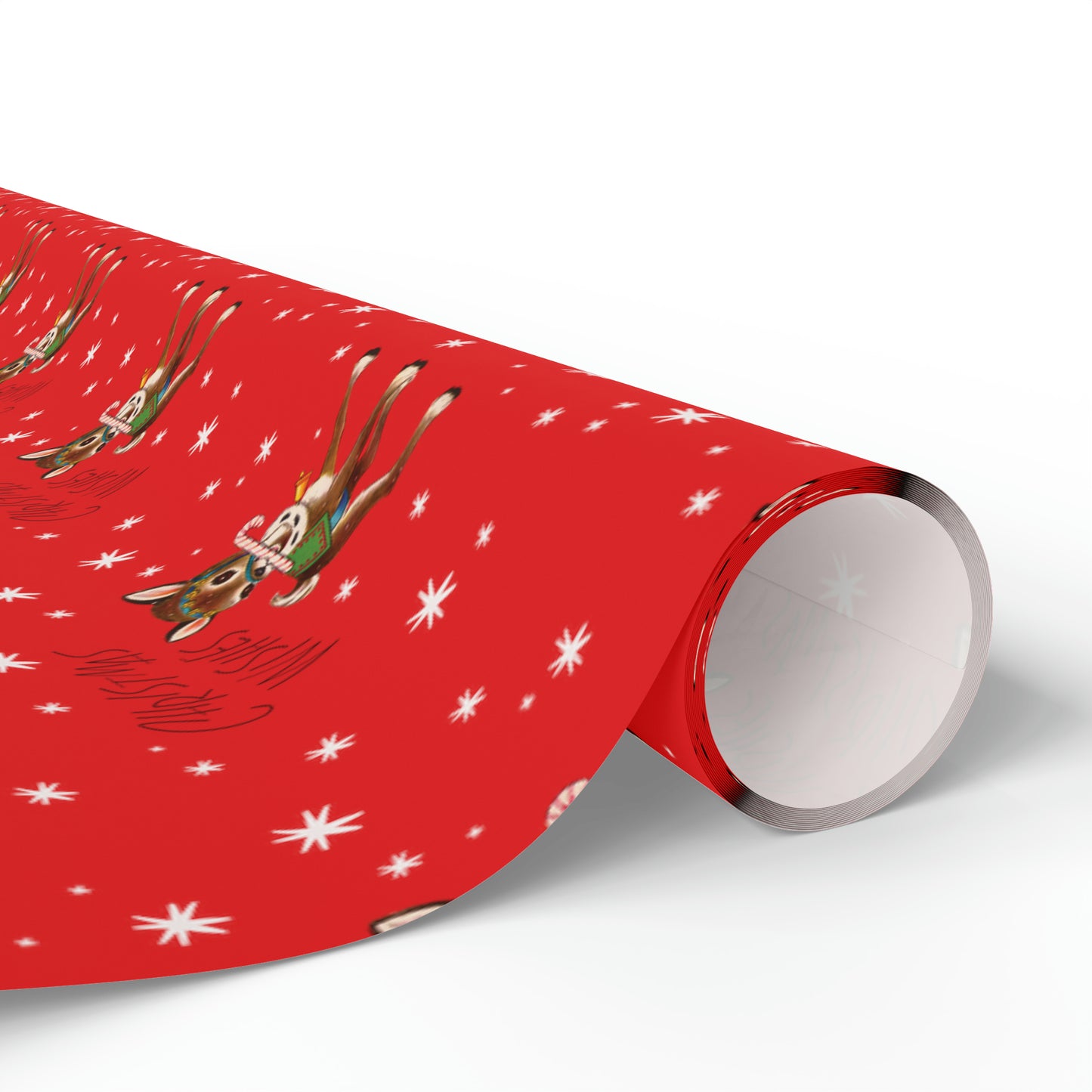 Christmas Wishes Reindeer With Candy Cane Red Mid Century Retro Christmas Print Holiday Gift Wrap Paper - Glossy Or Matte