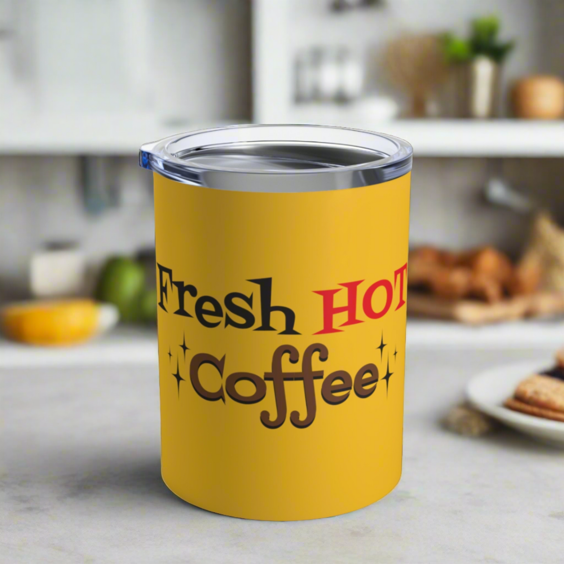 This yellow 10 ounce stainless steel vacuum insulated tumbler features an atomic era retro style design that says Fresh HOT Coffee with little starbursts.