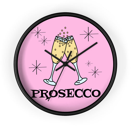 Prosecco Cocktails Pink Mid Century Retro Style Black Wall Clock