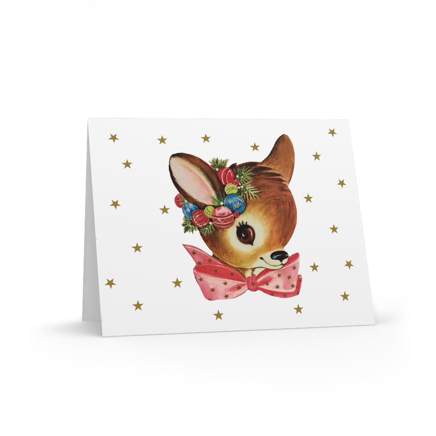 Reindeer With Pink Bow Gold Stars Mid Century Retro Christmas Print Matte Greeting Cards (8, 16, and 24 pcs)