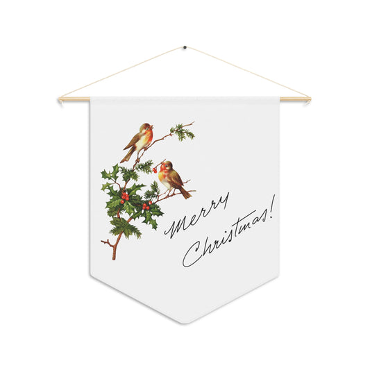 Merry Christmas Birds With Holly Retro Mid Century Christmas Print Wall Hanging Banner Flag