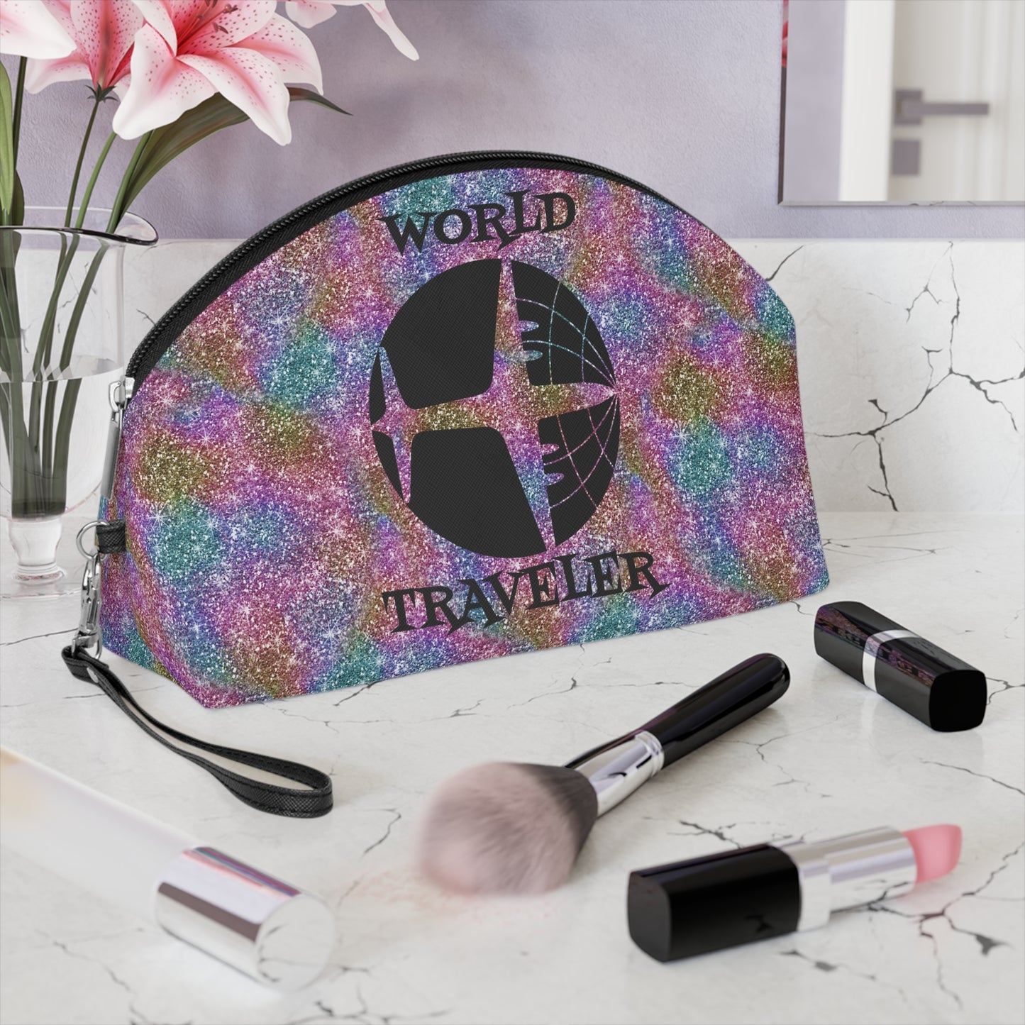 World Traveler Airplane Globe Atomic Mid Century Retro Print Cosmetic Travel Makeup Bag