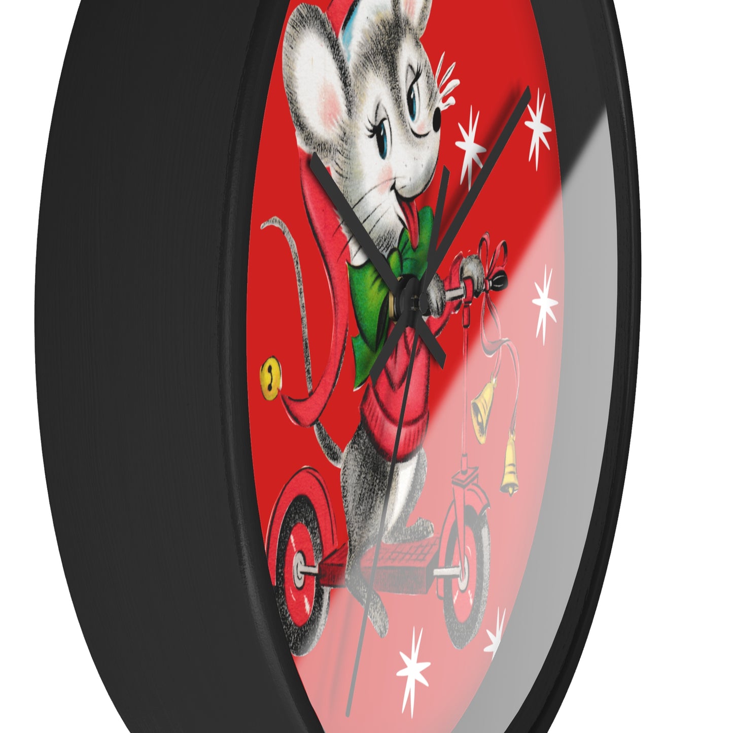 Christmas Mouse On Scooter Stars Mid Century Retro Christmas Print Black Christmas Wall Clock