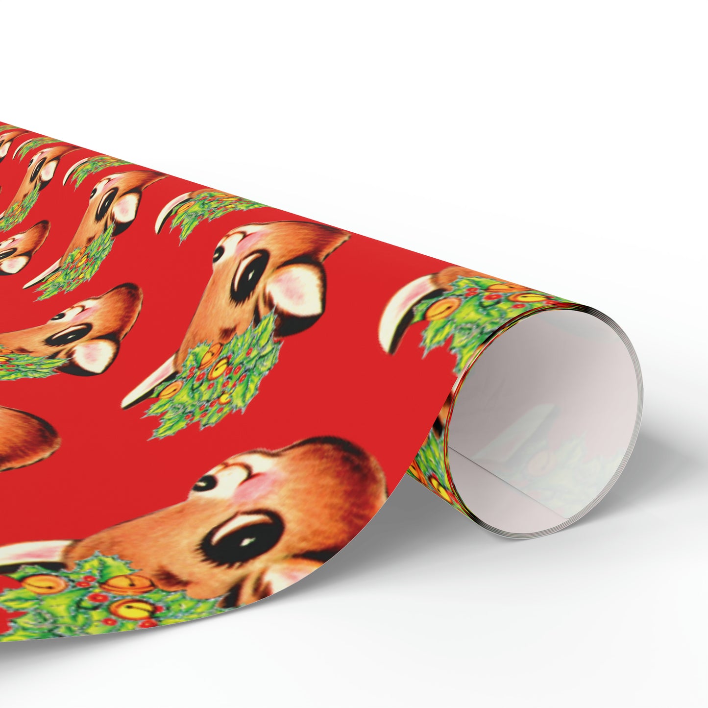 Reindeer With Holly And Bells Red Mid Century Retro Christmas Print Holiday Gift Wrap Paper - Glossy Or Matte