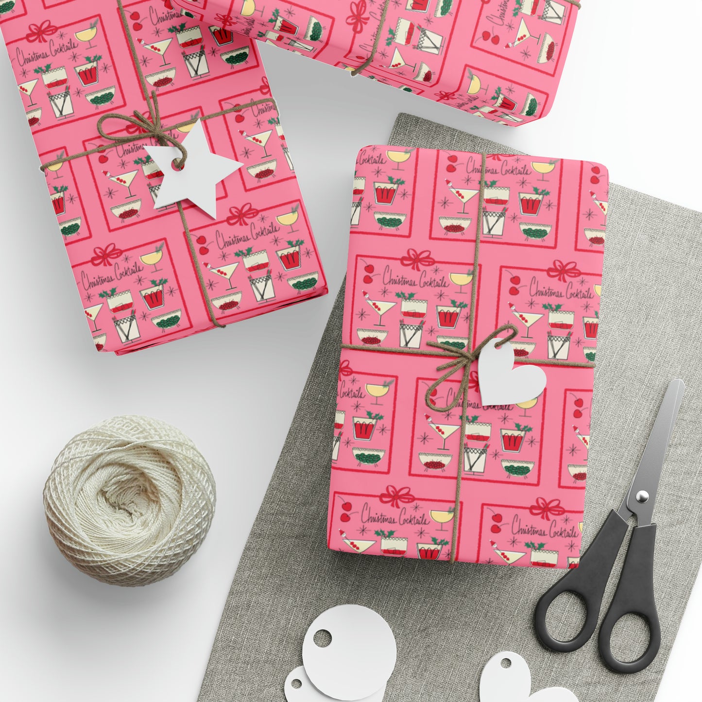 Christmas Cocktails Pink Mid Century Retro Christmas Print Holiday Gift Wrap Paper - Glossy Or Matte