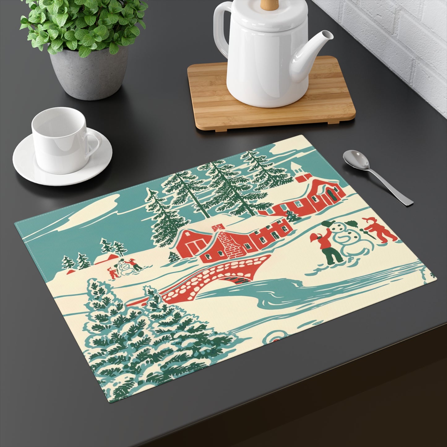 Winter Village Town Retro Christmas Print Holiday Cotton Placemat - 18" x 14"