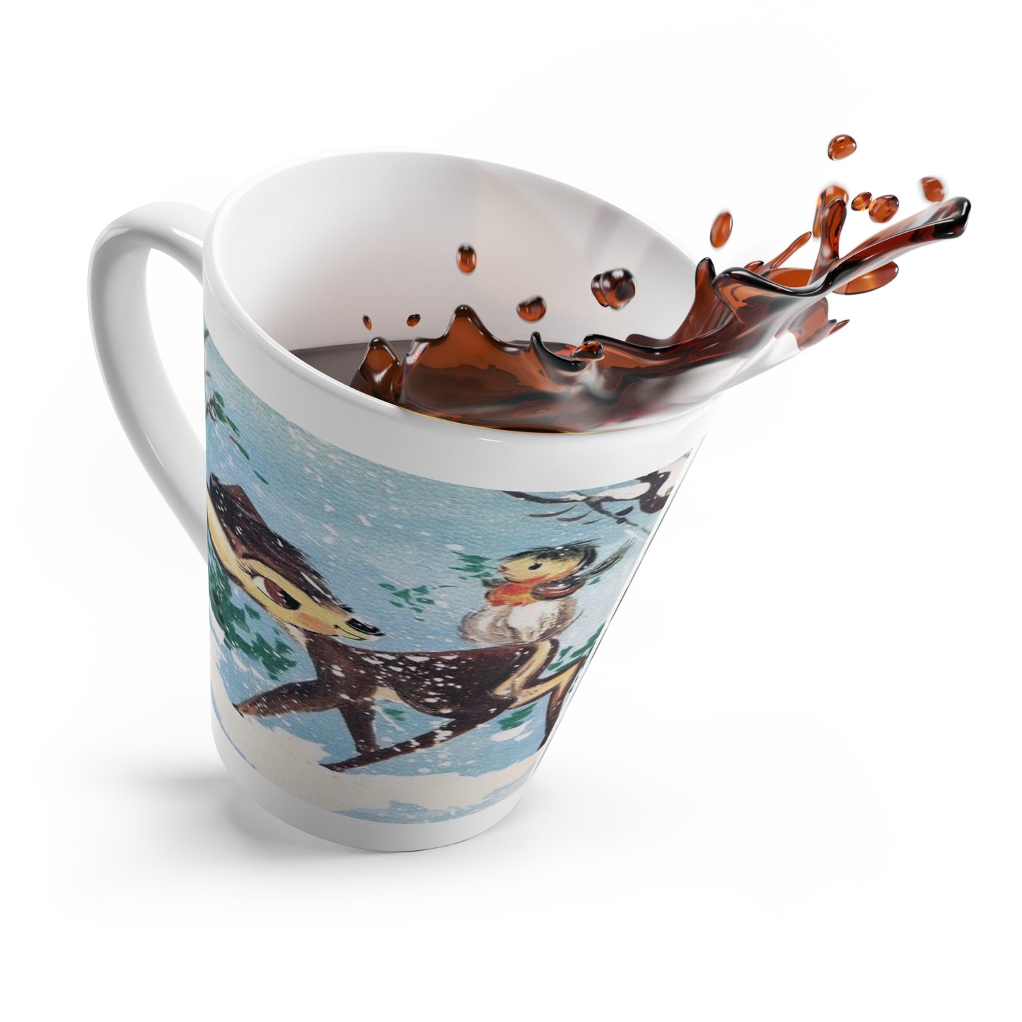 Reindeer And Bird Woodland Retro Christmas Print Latte Coffee Mug