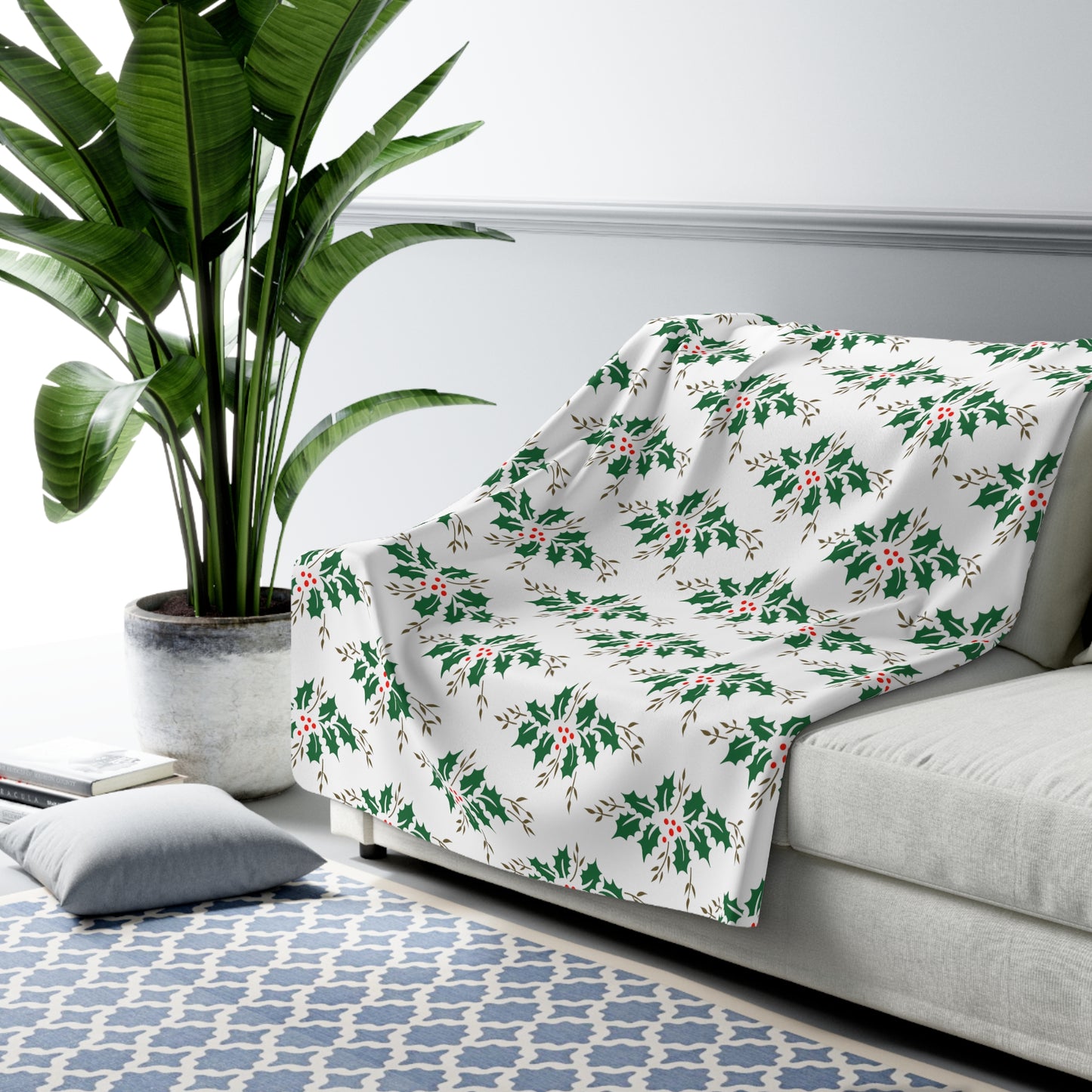 Christmas Holly Mid Century Retro Christmas Print Sherpa Fleece Blanket