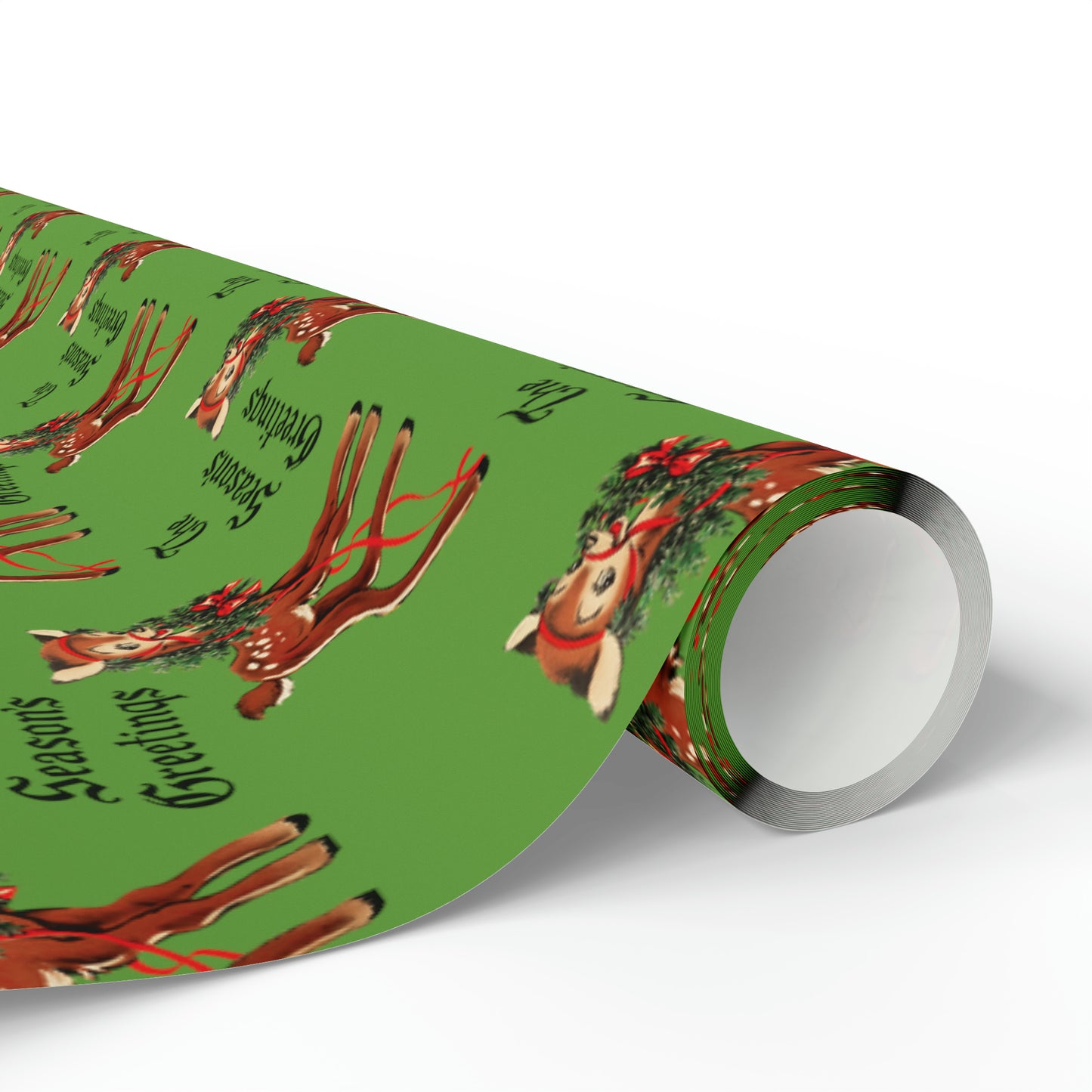 The Season's Greetings Reindeer With Wreath Mid Century Retro Christmas Print Holiday Gift Wrap Paper - Glossy Or Matte