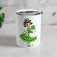 This 10 ounce stainless steel travel mug tumbler features a midcentury retro St. Patrick's Day illustration of an Irish girl holding a bouquet of shamrocks. 