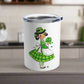 This 10 ounce stainless steel travel mug tumbler features a midcentury retro St. Patrick's Day illustration of an Irish girl holding a bouquet of shamrocks. 