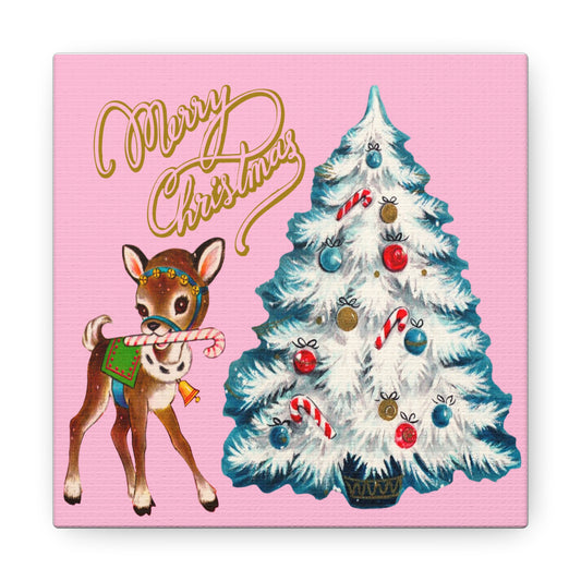 Reindeer Merry Christmas Mid Century Retro Pink Christmas Canvas Gallery Wrap