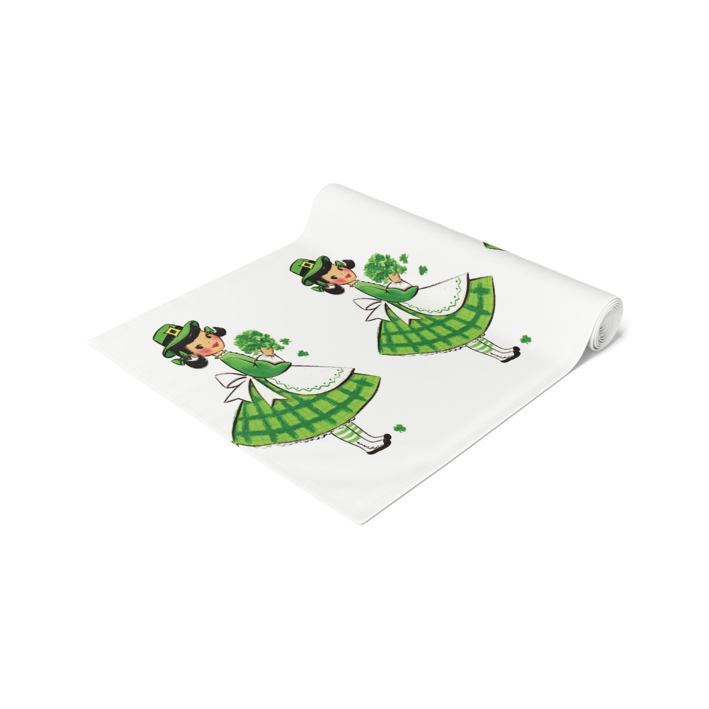 This table runner features a retro midcentury St. Patrick&#39;s Day illustration of a girl dressed in green, wearing a hat and holding shamrocks.