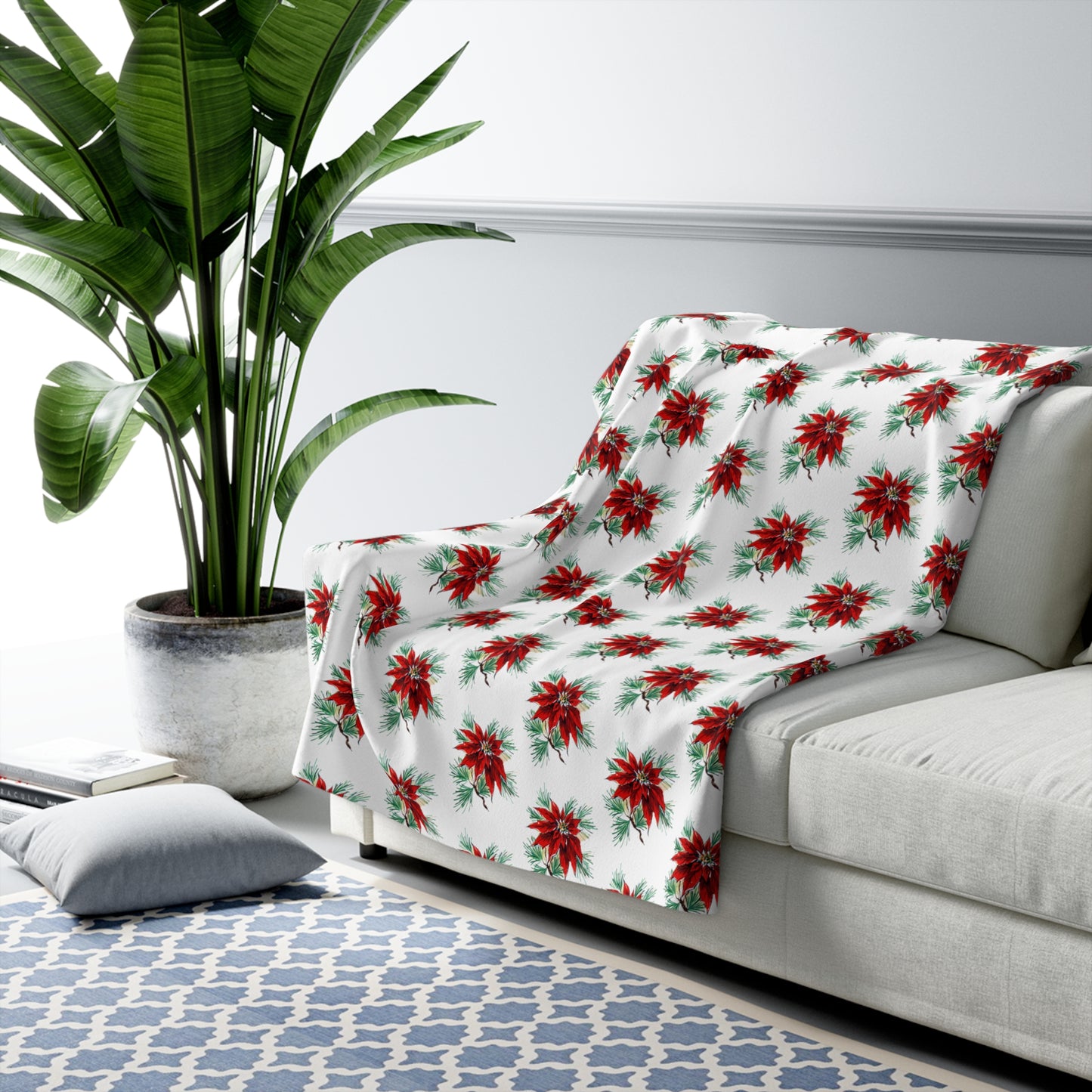 Christmas Poinsettias Mid Century Retro Christmas Print Sherpa Fleece Blanket