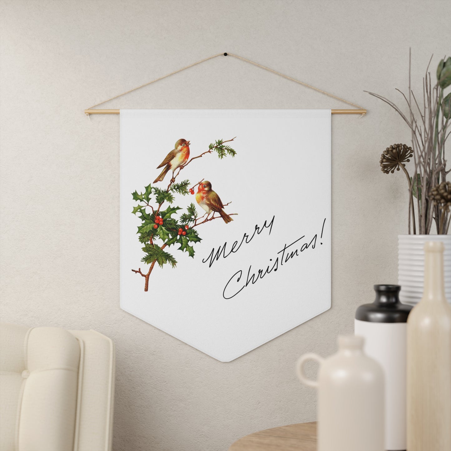 Merry Christmas Birds With Holly Retro Mid Century Christmas Print Wall Hanging Banner Flag