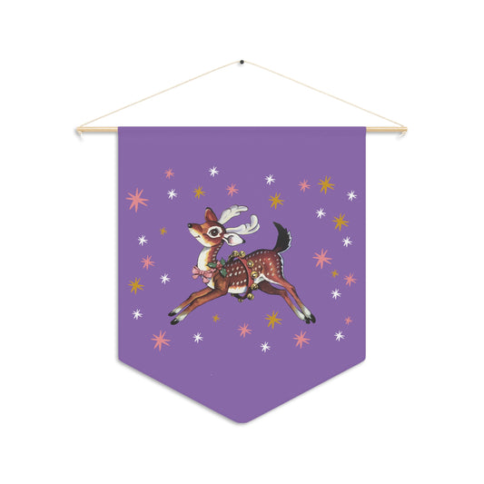 Reindeer Stars Purple Mid Century Retro Christmas Print Wall Hanging Banner Flag