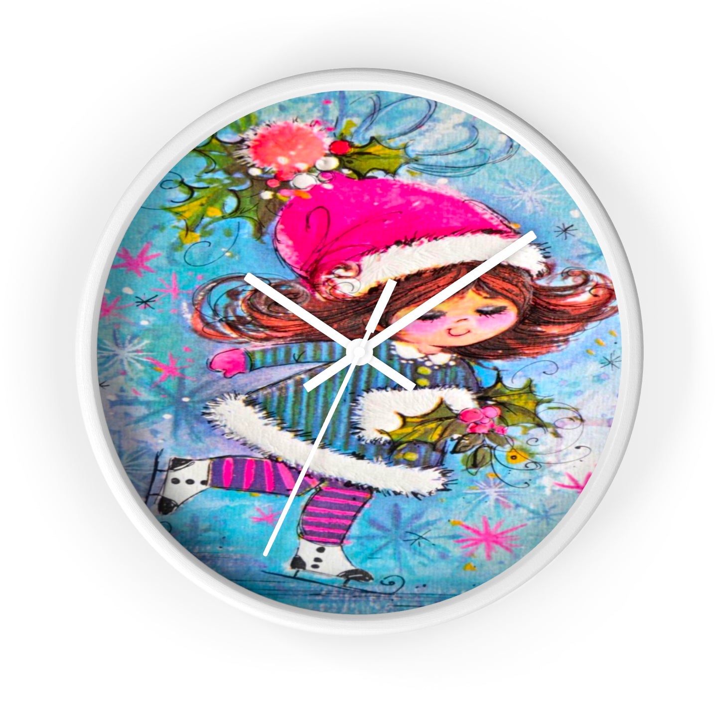Ice Skating Girl Mod Christmas Retro Print White Christmas Wall Clock