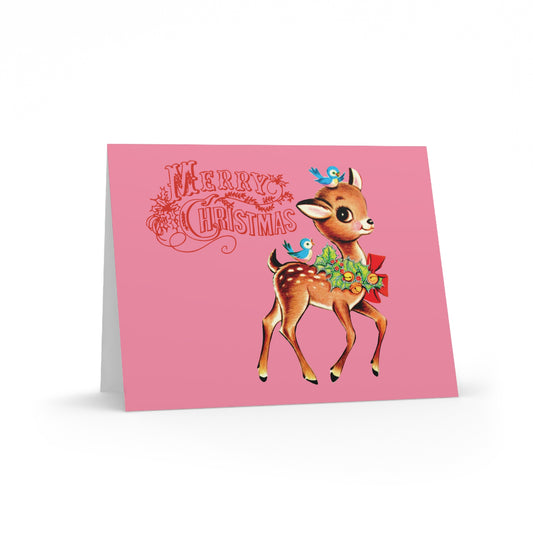 Merry Christmas Reindeer Bluebirds Mid Century Retro Christmas Print Matte Greeting Cards (8, 16, and 24 pcs)