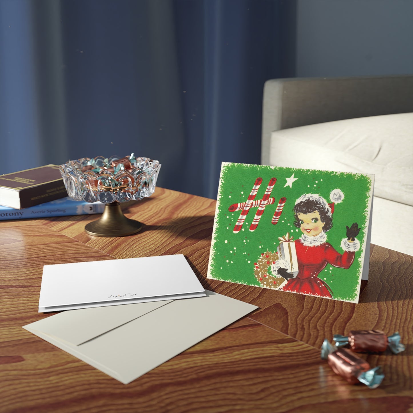 Hi Christmas Lady With Present And Wreath Mid Century Retro Christmas Print Matte Greeting Cards (8, 16, and 24 pcs)