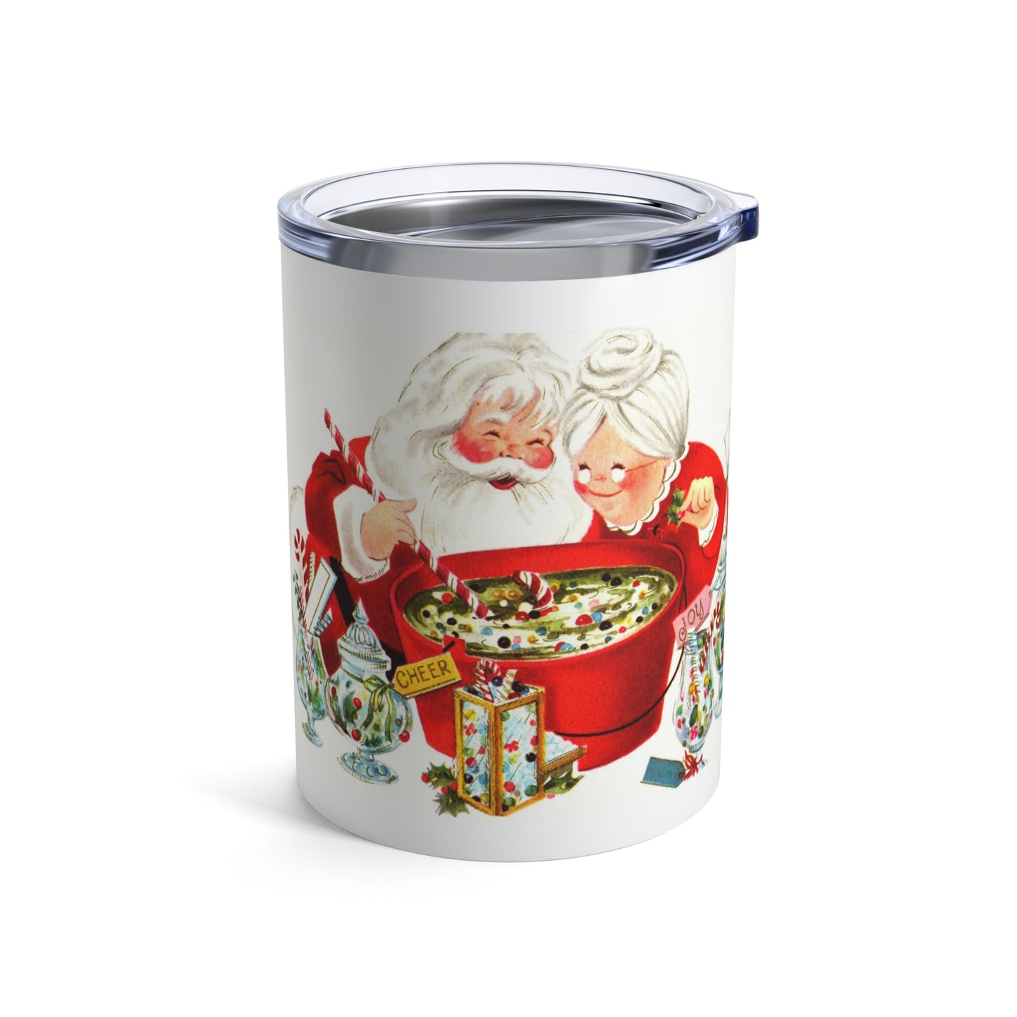 Santa And Mrs. Claus Making Christmas Cheer Retro Christmas Print Stainless Steel Tumbler 10oz