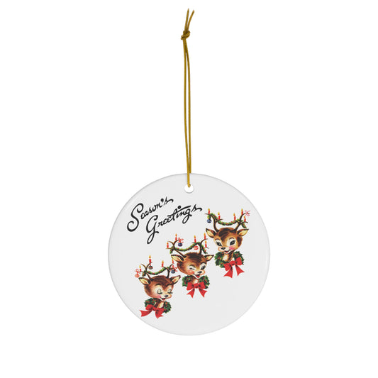 Season's Greetings Reindeer Mid Century Retro Christmas Print Ceramic Ornament