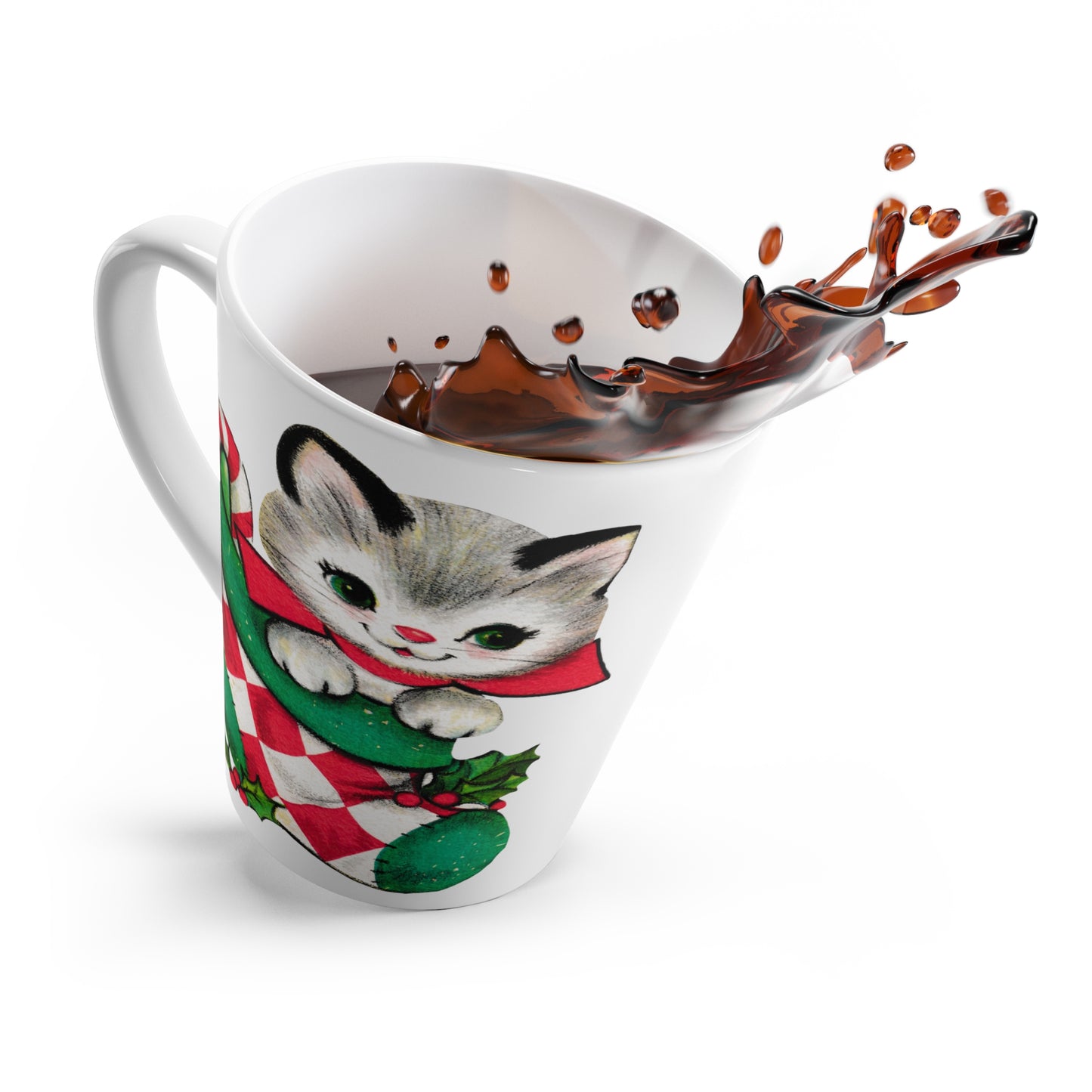 Christmas Kitten In Stocking Mid Century Retro Christmas Print Latte Coffee Mug