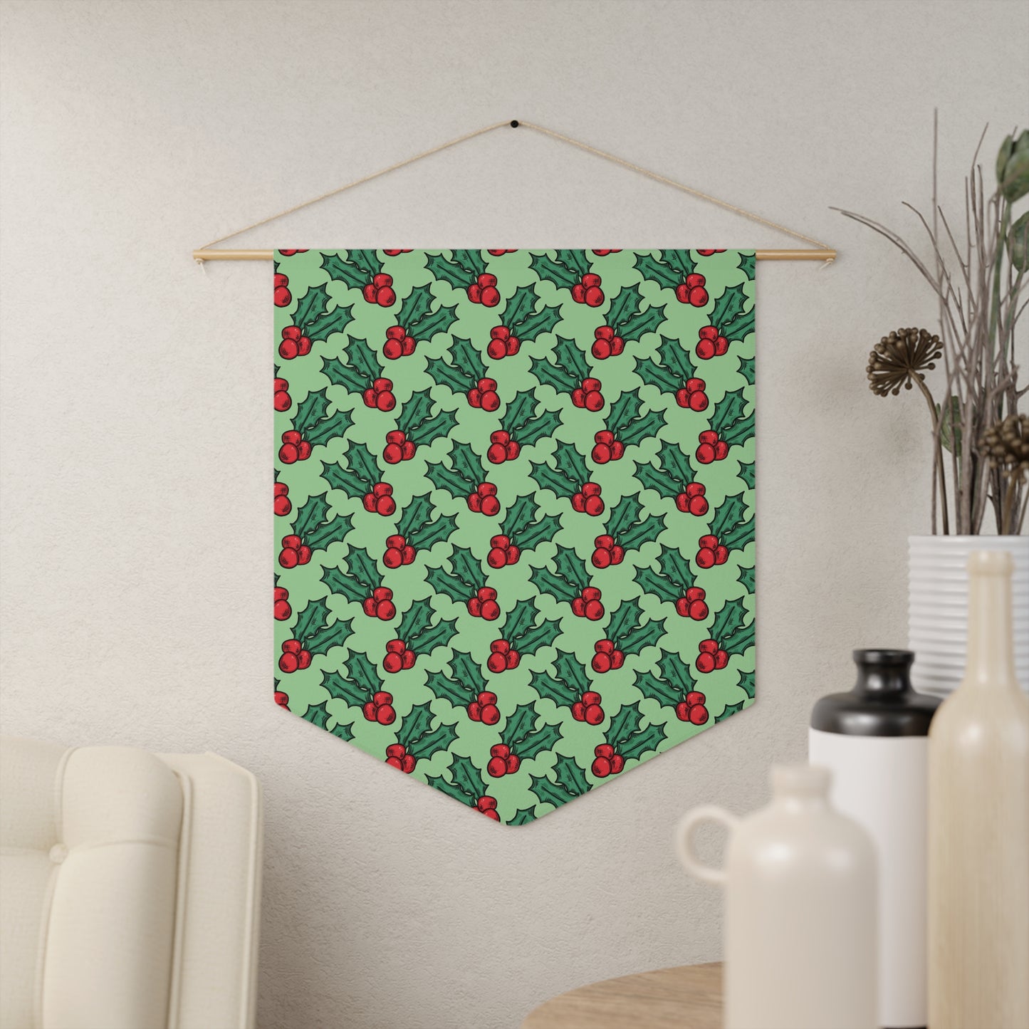 Cute Christmas Holly Green Christmas Print Wall Hanging Banner Flag