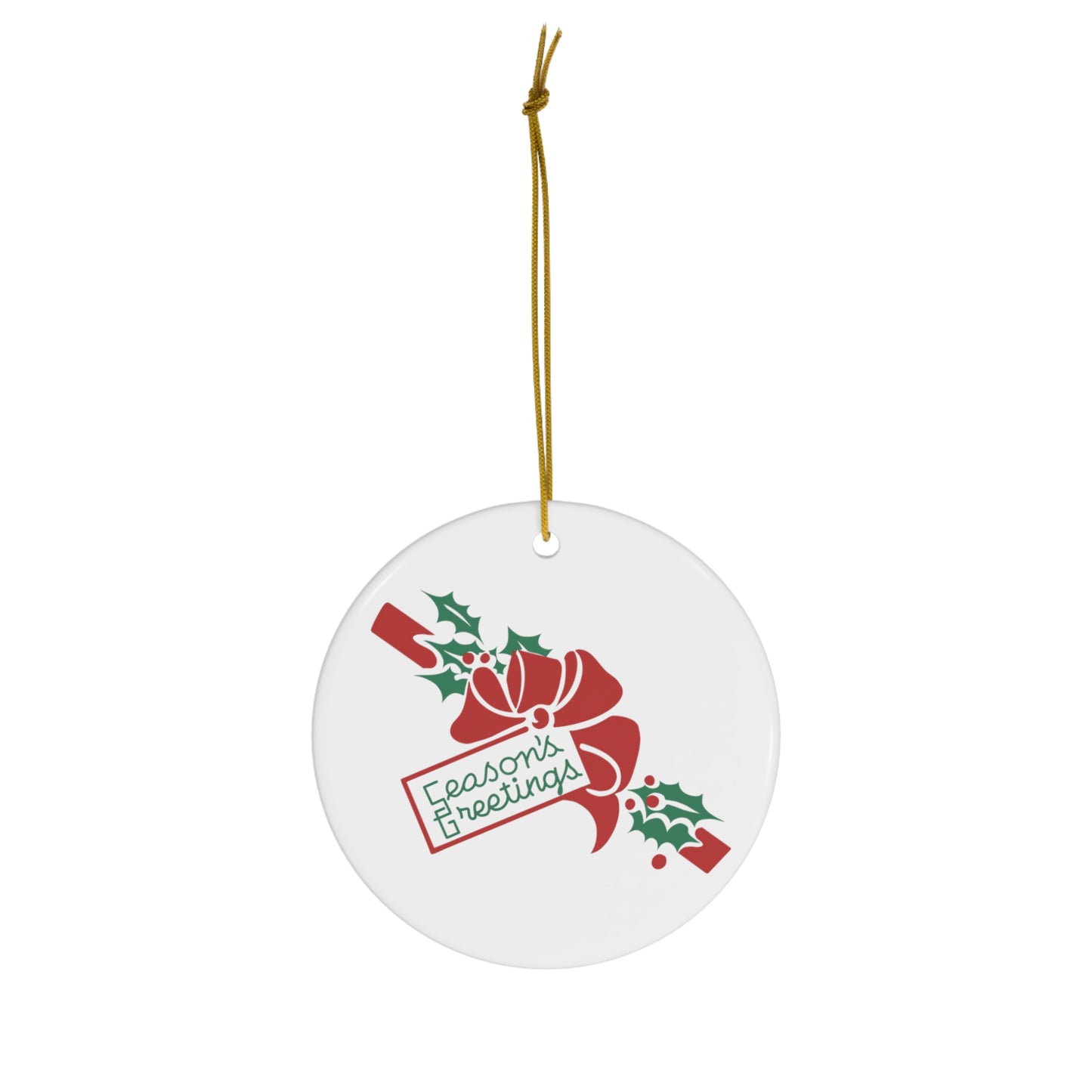 Seasons Greetings Bow And Holly Mid Century Retro Christmas Print Ceramic Ornament