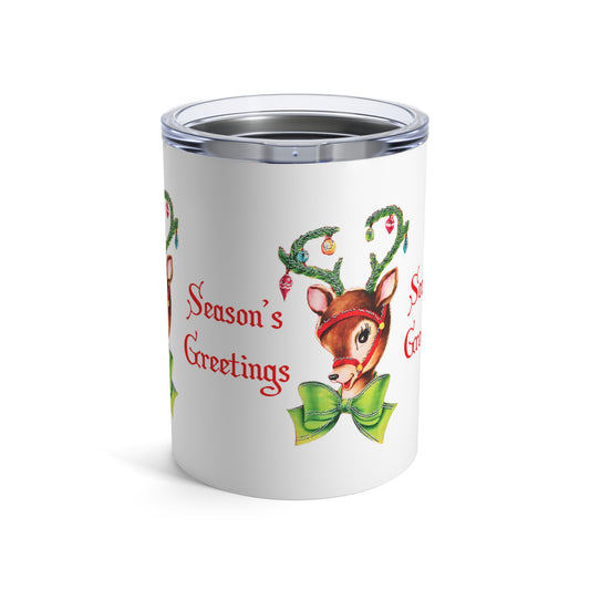 Season's Greetings Reindeer With Ornaments Retro Mid Century Christmas Print Stainless Steel Tumbler 10oz