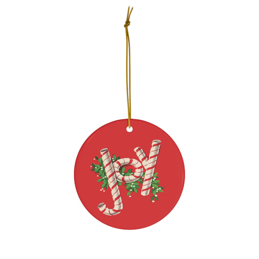 Joy Candy Canes Mid Century Retro Christmas Print Ceramic Ornament