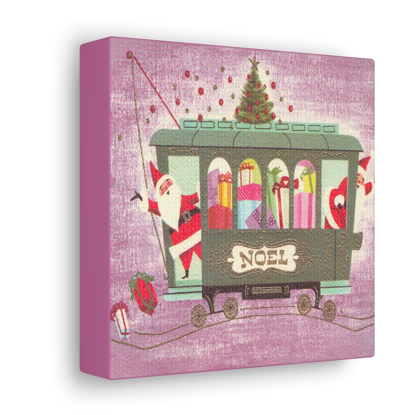 Noel Santas On Trolley Mid Century Retro Christmas Canvas Gallery Wrap