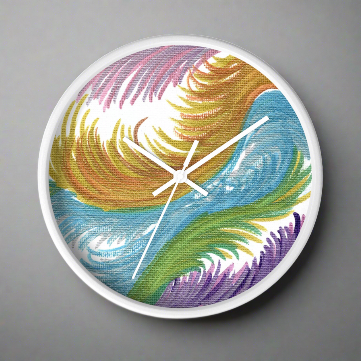 This white wall clock features the original artwork of Caden Caraco titled Space Feathers. Original medium is pen on canvas.  It features swirls in pink, purple, gold, blue and green.