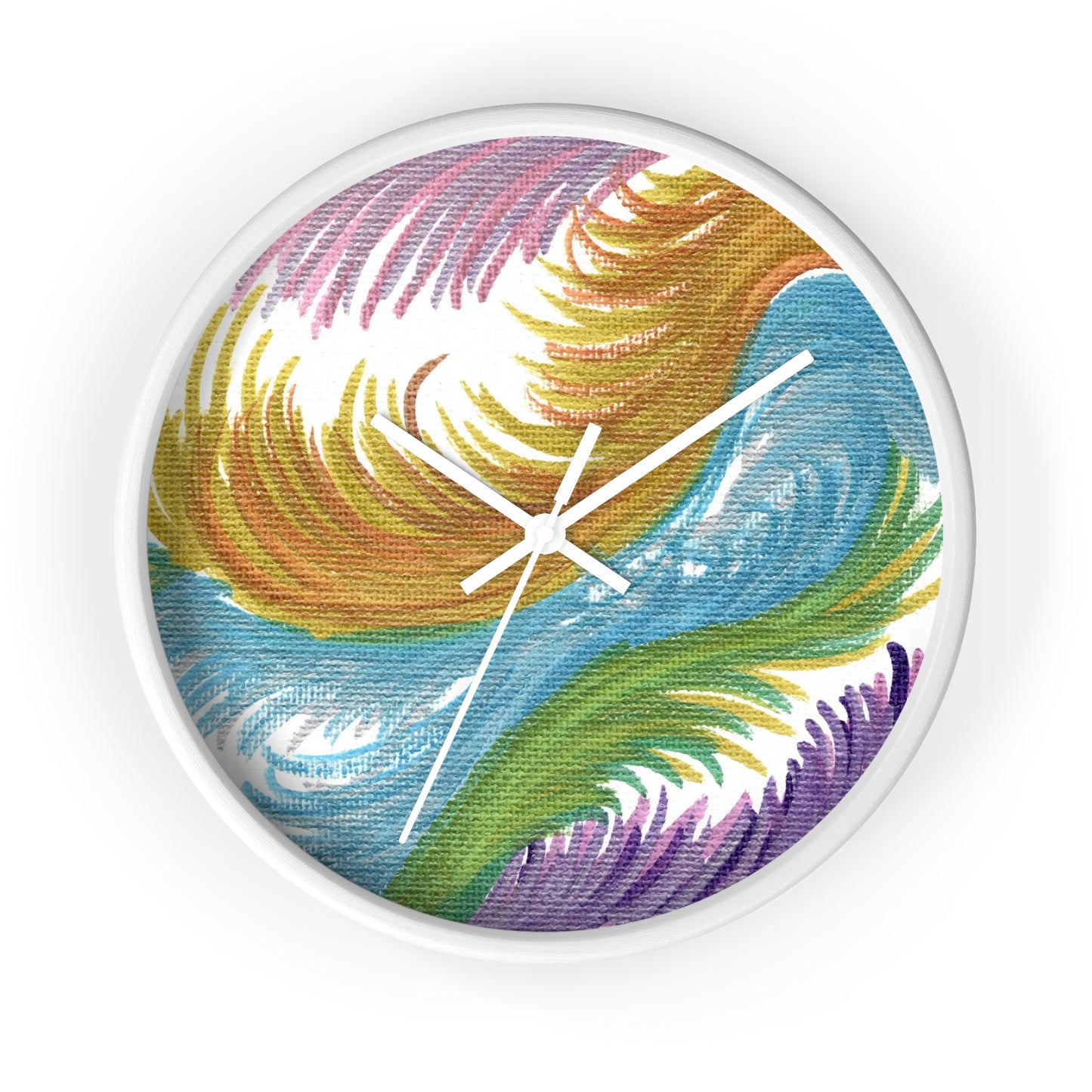 This white wall clock features the original artwork of Caden Caraco titled Space Feathers. Original medium is pen on canvas.  It features swirls in pink, purple, gold, blue and green.