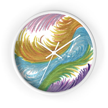 This white wall clock features the original artwork of Caden Caraco titled Space Feathers. Original medium is pen on canvas.  It features swirls in pink, purple, gold, blue and green.