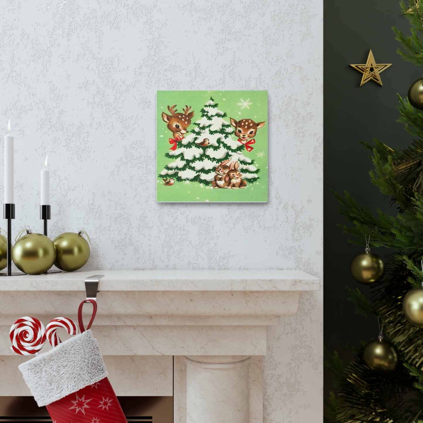 Christmas Reindeer Tree Mid Century Retro Christmas Canvas Gallery Wrap