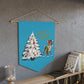 Merry Christmas Reindeer Tree Blue Mid Century Retro Christmas Print Wall Hanging Banner Flag