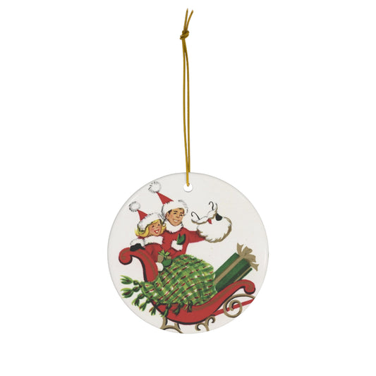 Christmas Couple In Sleigh Mid Century Retro Christmas Print Ceramic Ornament