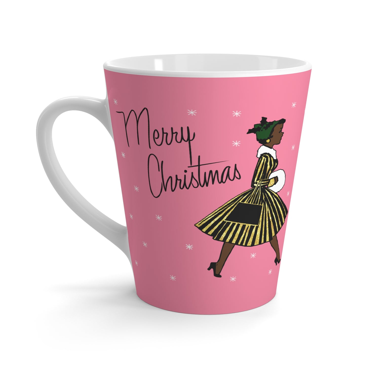 Merry Christmas Lady Pink Mid Century Retro Christmas Print Latte Coffee Mug