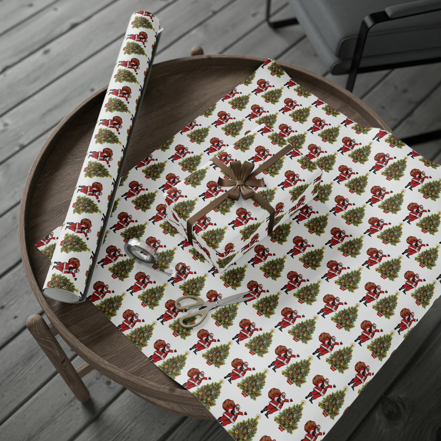 Santa With Christmas Tree Mid Century Retro Christmas Print Holiday Gift Wrap Paper - Glossy Or Matte