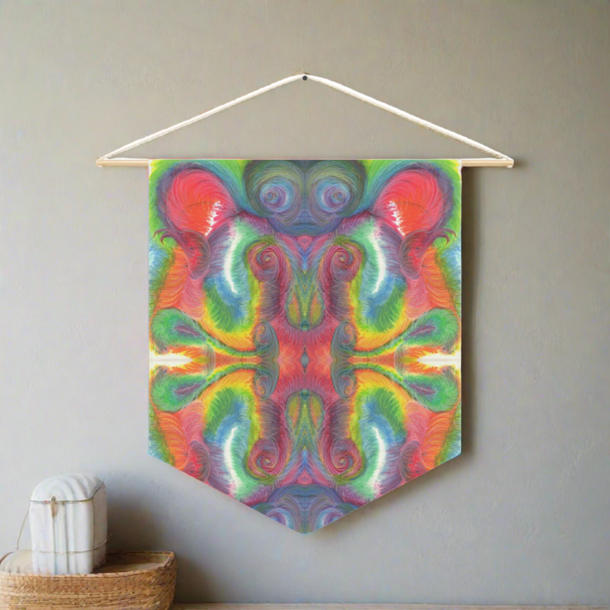 This fabric wall hanging features the hand drawn artwork of modern artist Caden Caraco. There are swirls of green, red, orange, yellows and purples. Original artwork is oil pastel on paper.