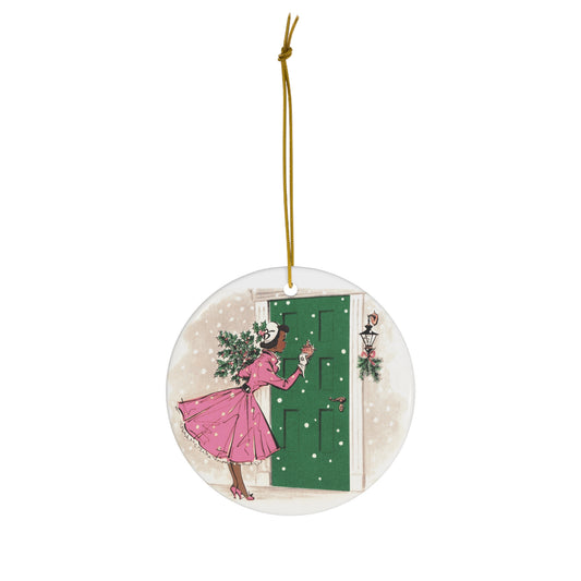 Christmas Lady With Pine Holly Mid Century Retro Christmas Print Ceramic Ornament