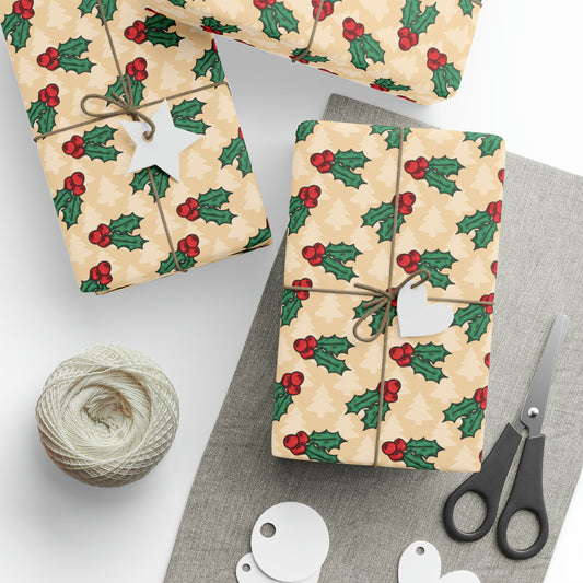 Cute Christmas Holly Trees Winter Christmas Print Holiday Gift Wrap Paper - Glossy Or Matte